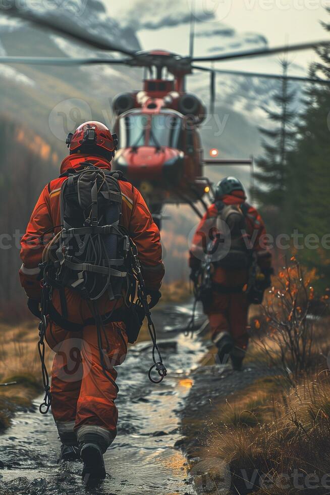 Rescue helicopter in the mountains. Rescue team. Rescue helicopter. photo