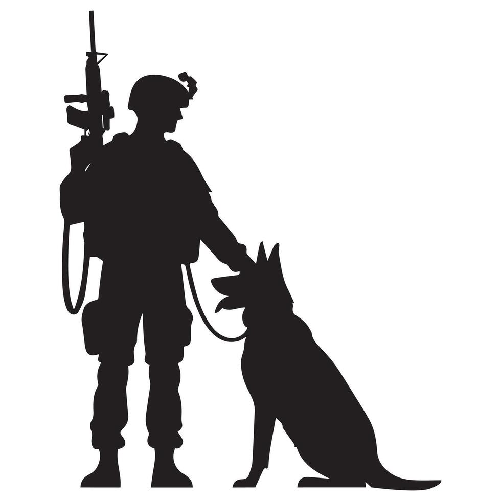 An illustration of a soldier with a dog companion both in silhouette vector