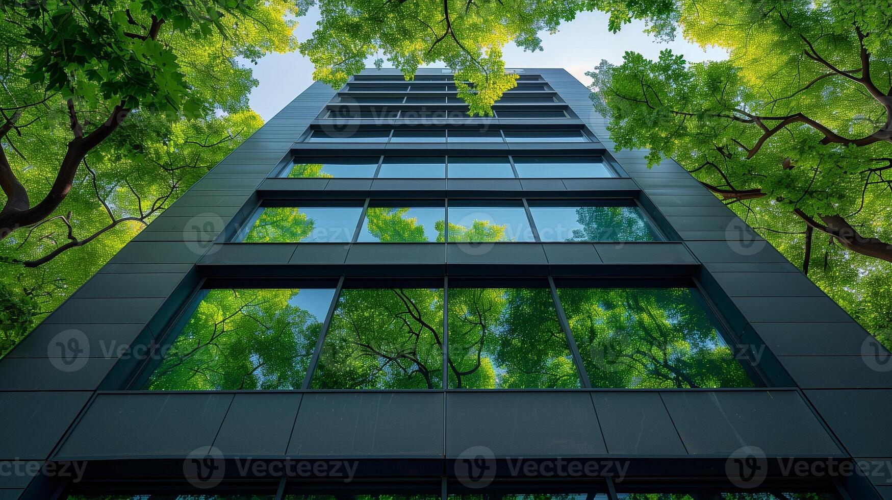 Reflection of green trees in the windows of a modern office building, Eco-friendly Concept. photo