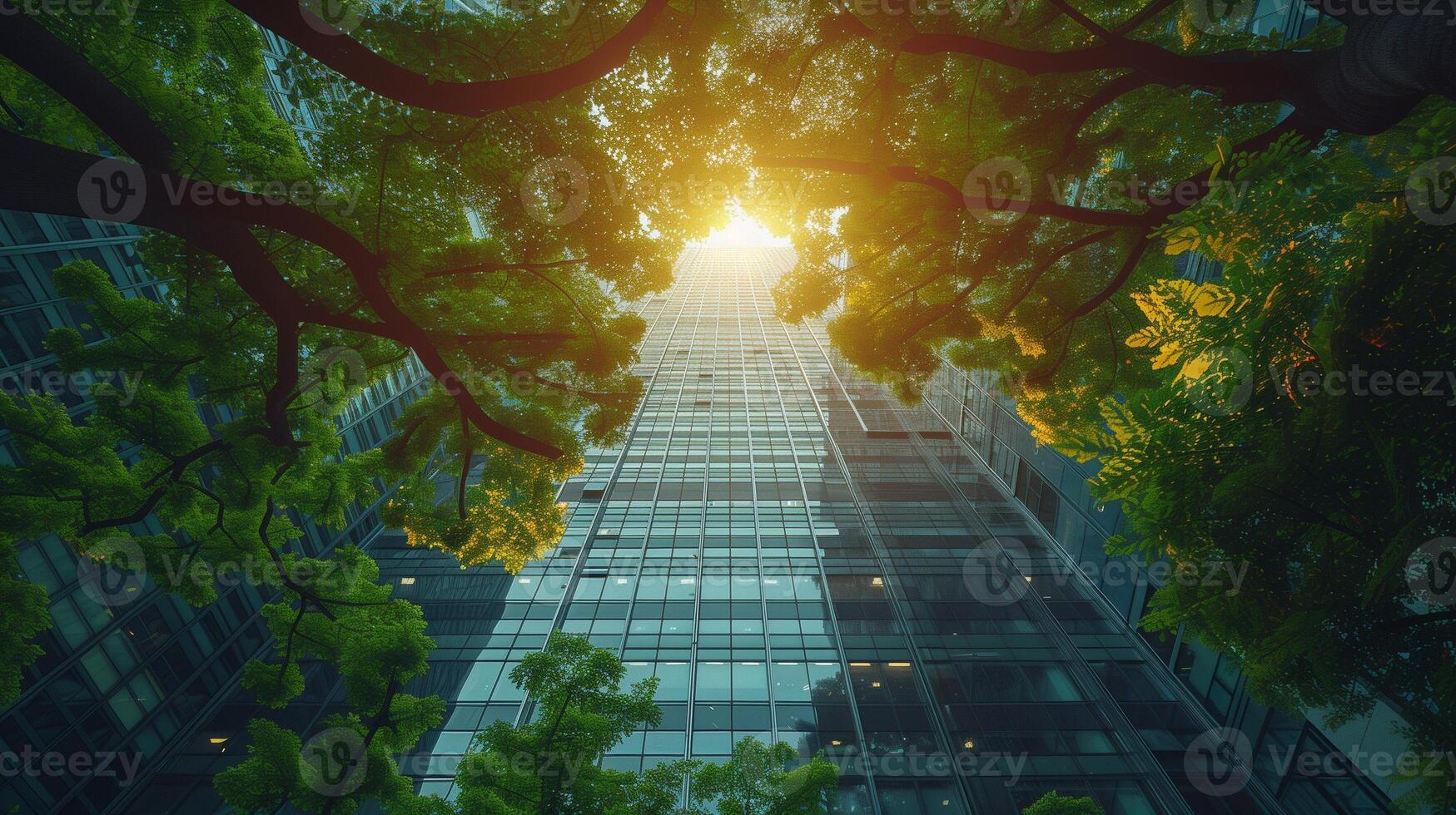 Reflection of green trees in the windows of a modern office building, Eco-friendly Concept. photo