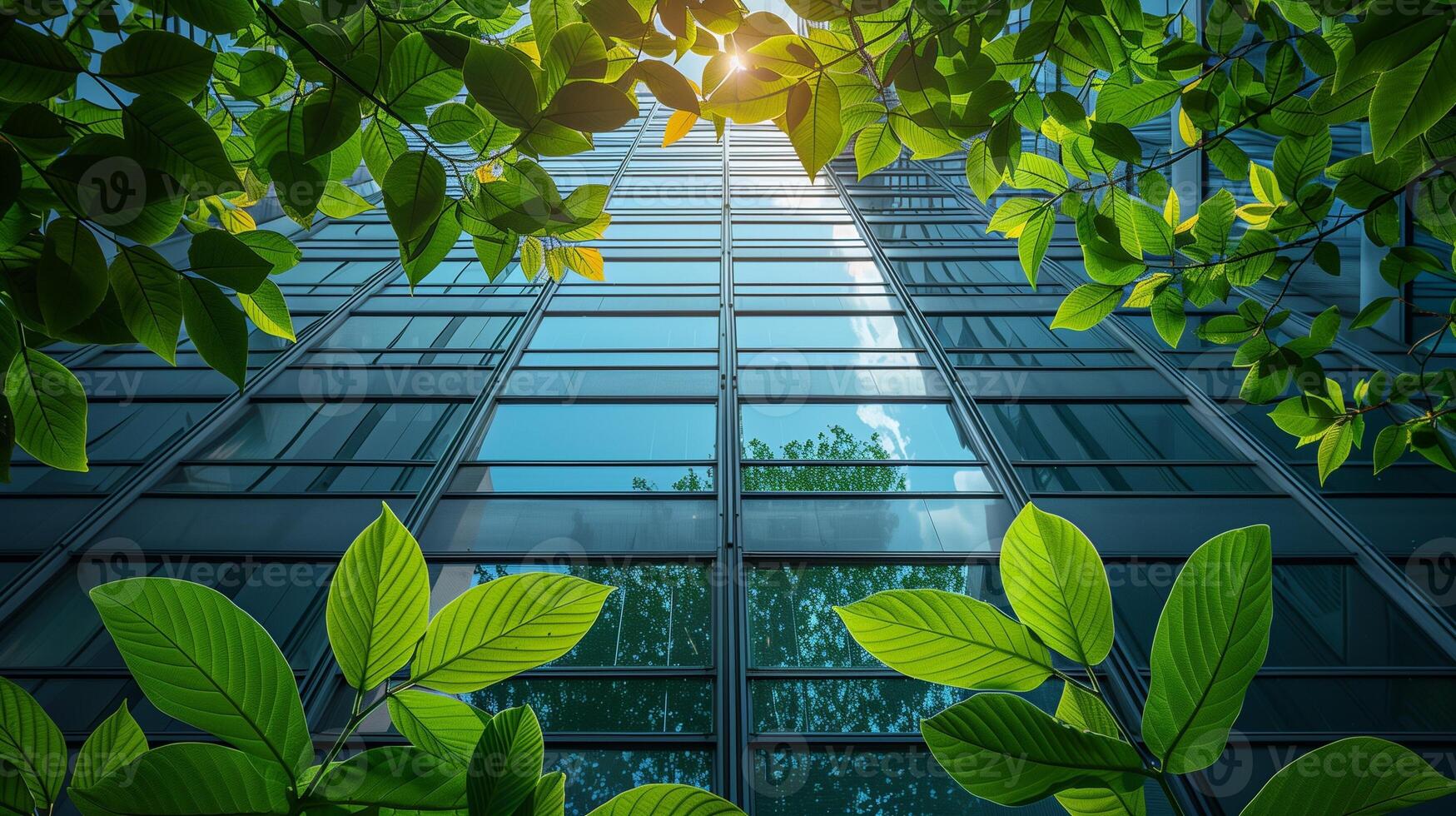 Reflection of green trees in the windows of a modern office building, Eco-friendly Concept. photo