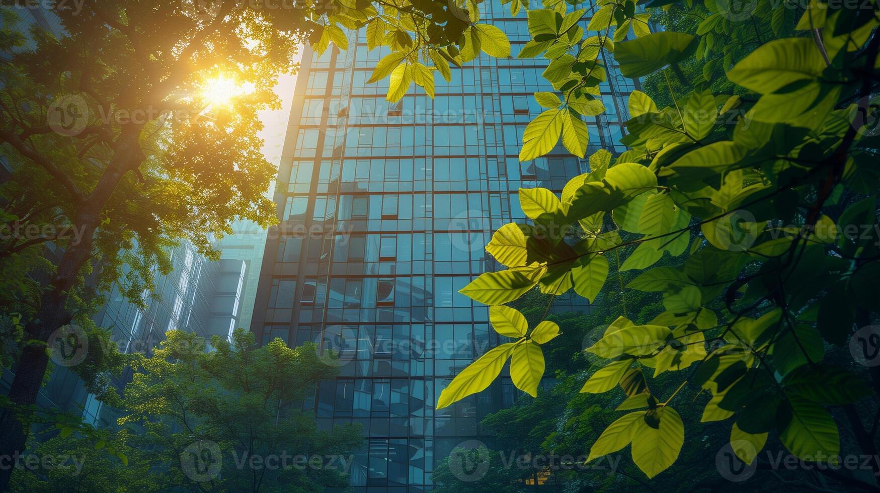 Reflection of green trees in the windows of a modern office building, Eco-friendly Concept. photo