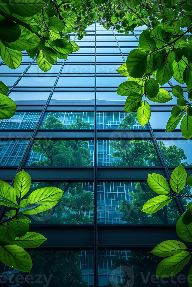 Reflection of green trees in the windows of a modern office building, Eco-friendly Concept. photo