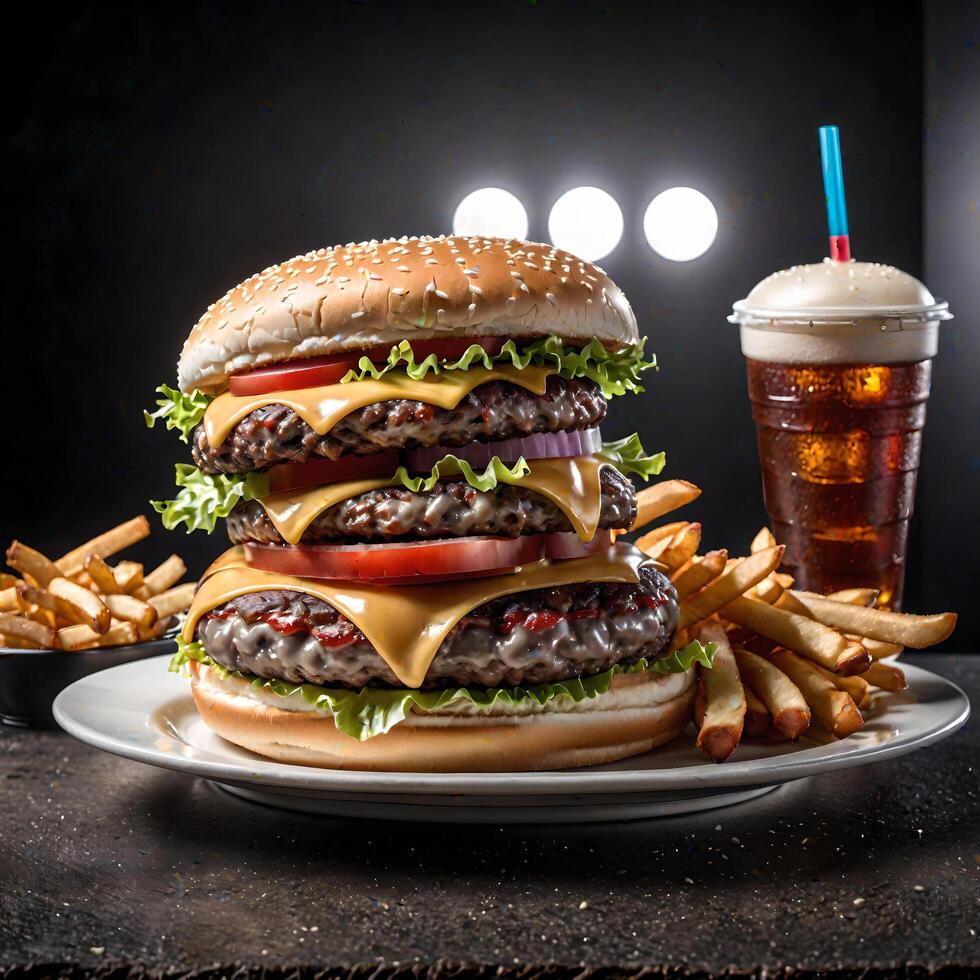 Delicious homemade beef burger with bacon and vegetables photo