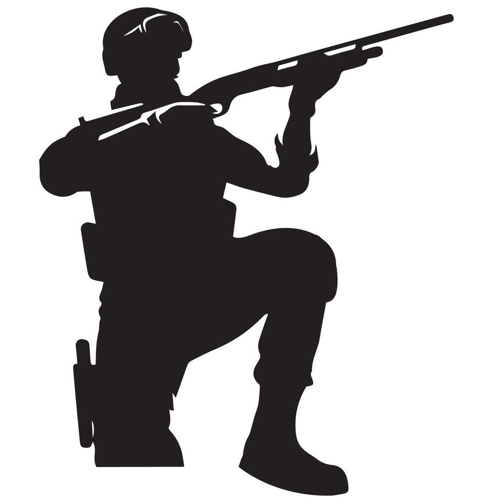 A silhouette of a soldier in a defensive posture holding a shotgun illustration vector