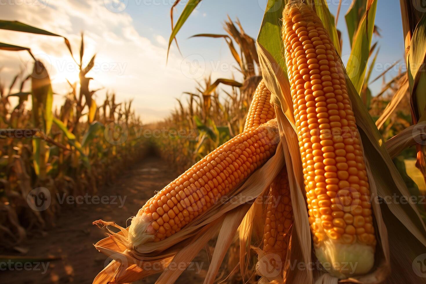 Ripe corn on the cob in the field, close-up photo