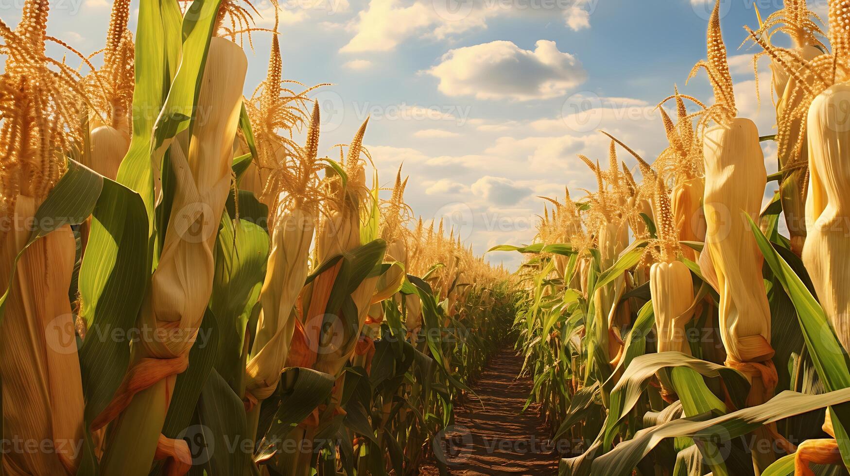Corn field with blue sky and clouds photo