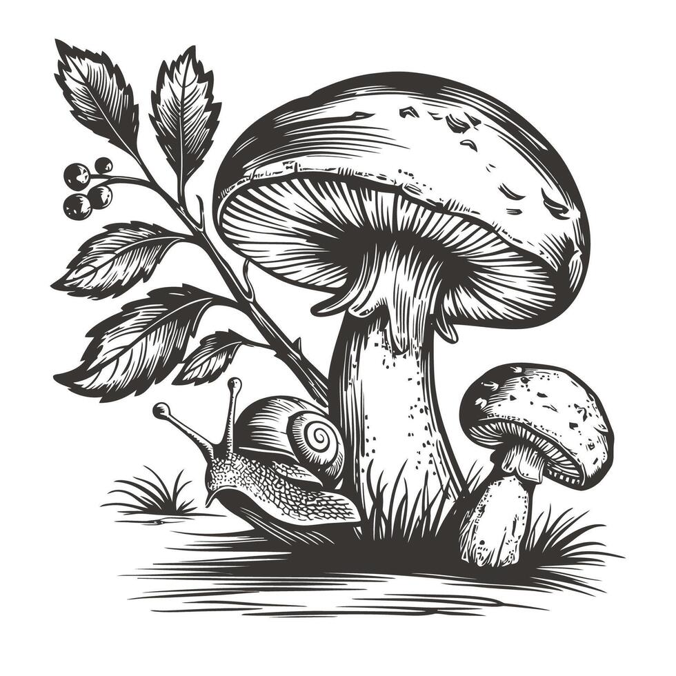 mushroom in the forest with snail hand drawn sketch style vector