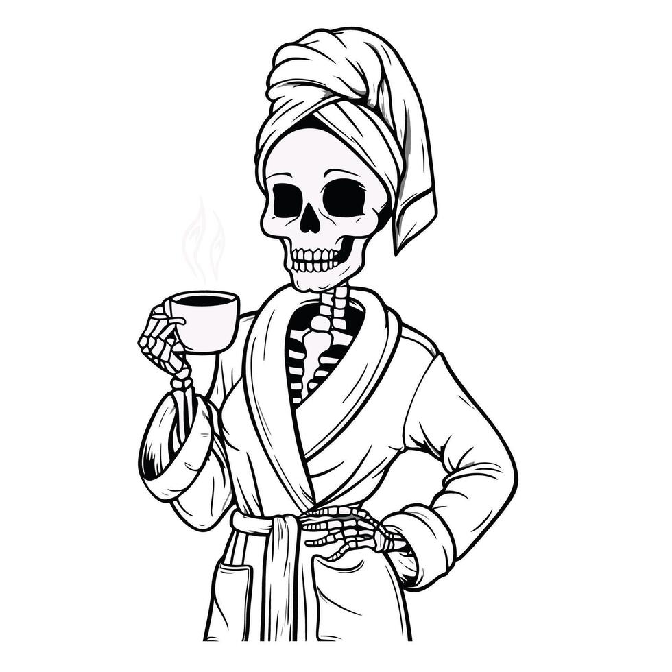 illustration of a skeleton girl wears robe and has a towel perched on her head vector