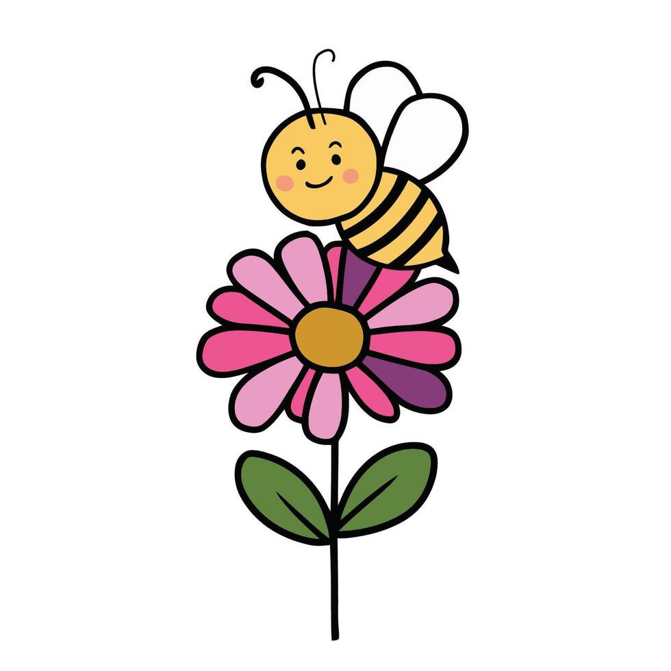 bee perched on a flower cartoon illustration vector