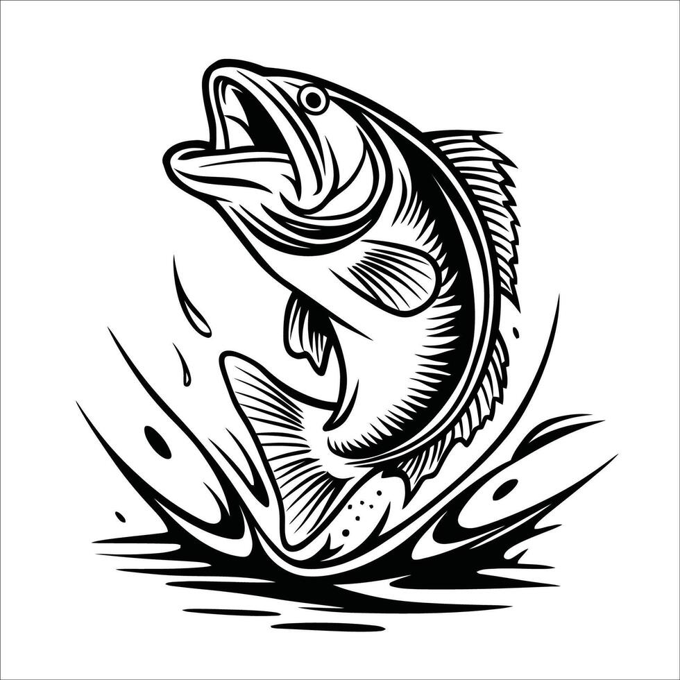 tattoo style black and white illustration of a fish leaping out of the water vector