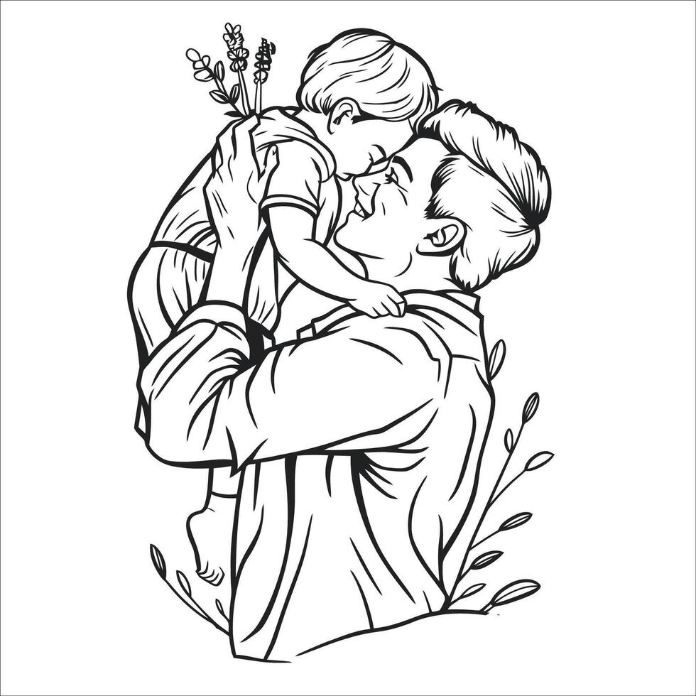 line art drawing of a father and child embracing, with the father lifting the child in a joyful vector