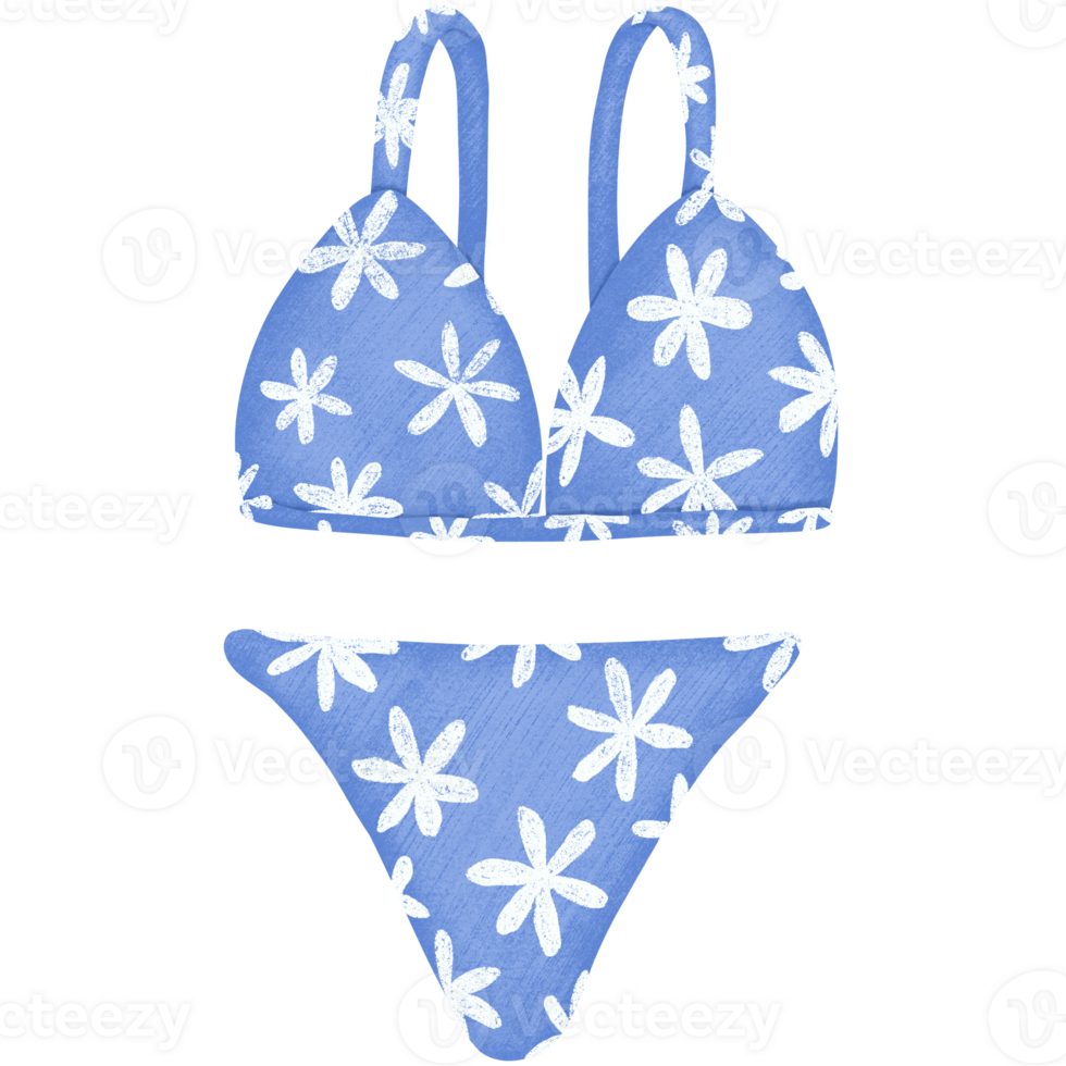 Two-piece swimsuit in blue with white floral pattern png