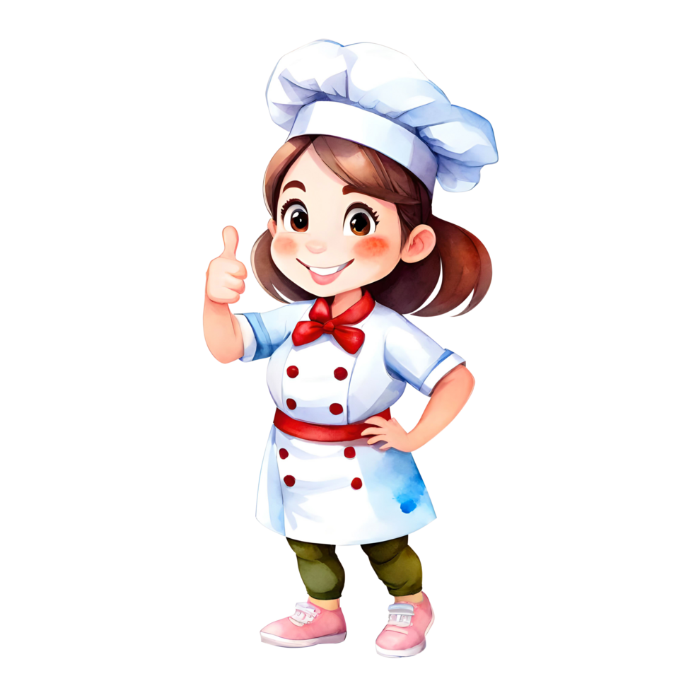 AI-generated Cheerful Cartoon Chef Girl Standing With Thumbs Up Gesture Isolated Transparent Simple Illustration png