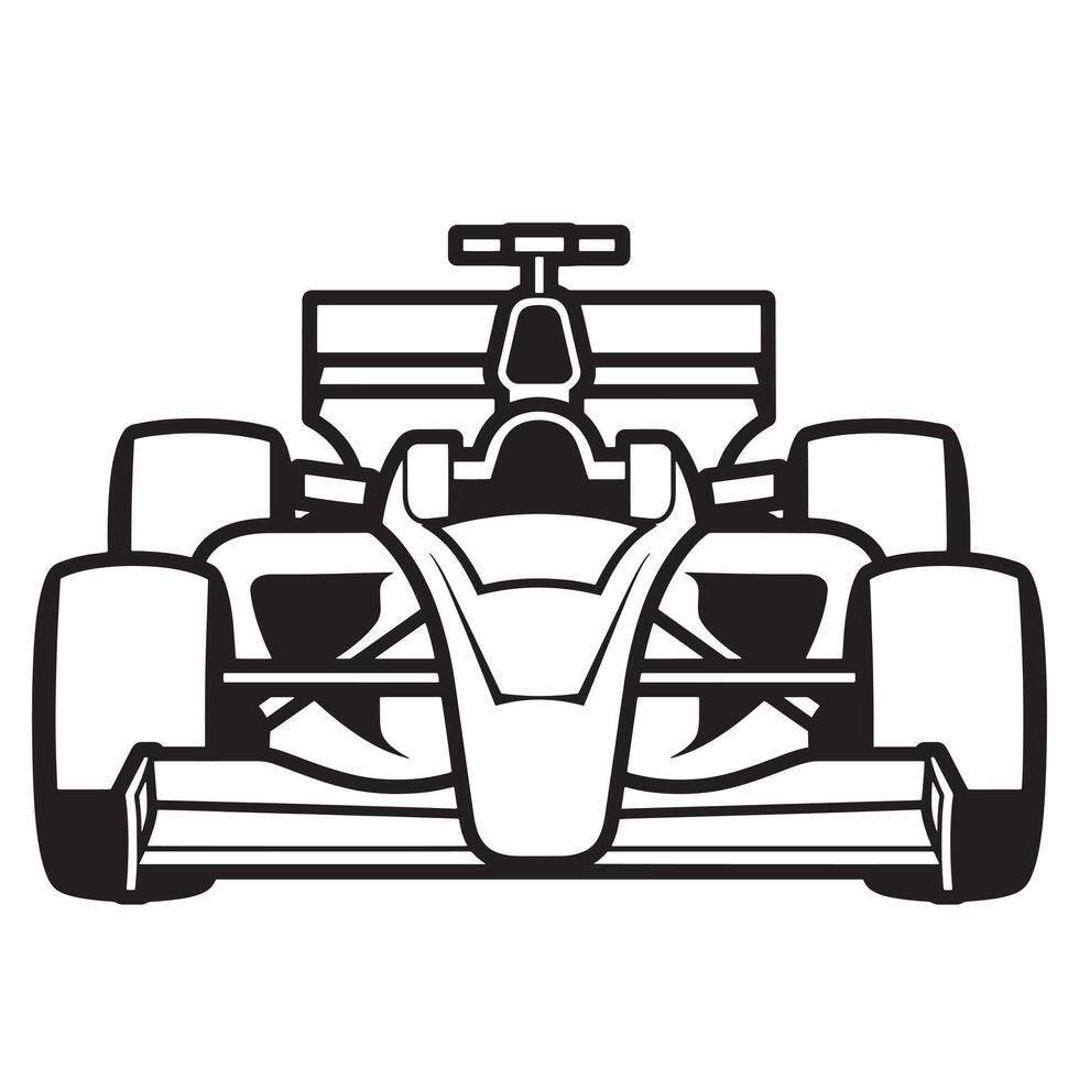 Formula racing car outline illustration in black and white vector