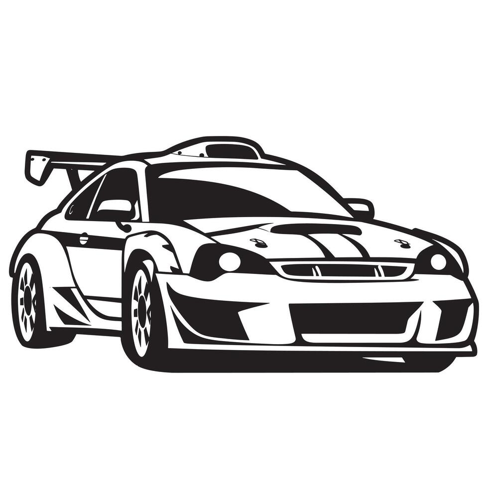 Rallying racing car illustration in black and white vector