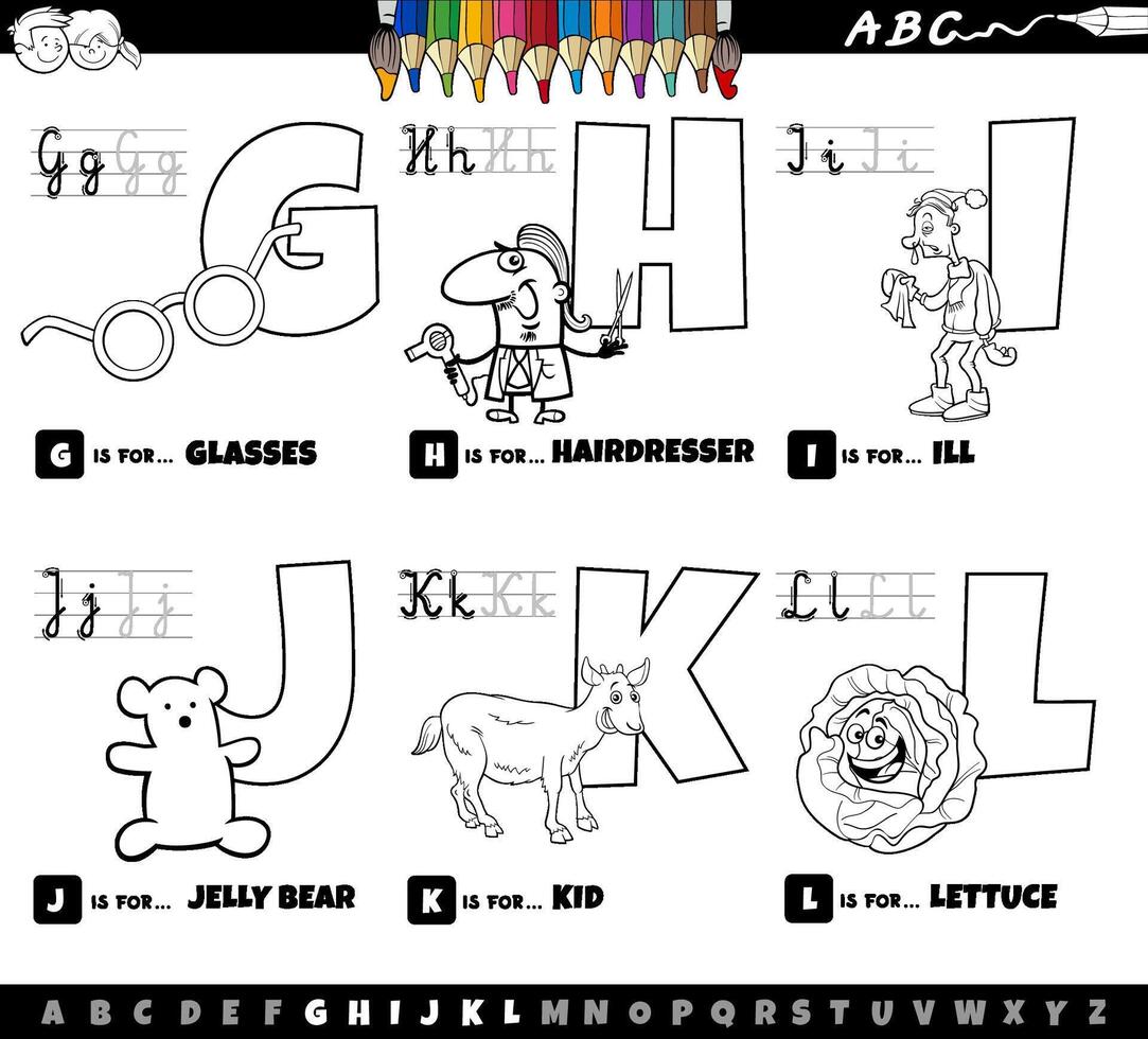 letras del alfabeto de dibujos animados educativos establecidos de g a l página para colorear vector