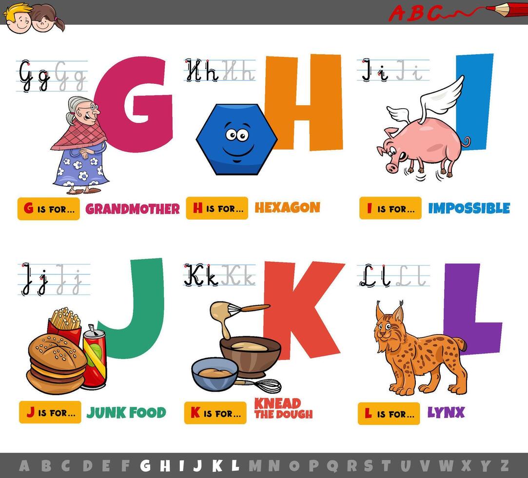 educational cartoon alphabet letters for children from G to L vector