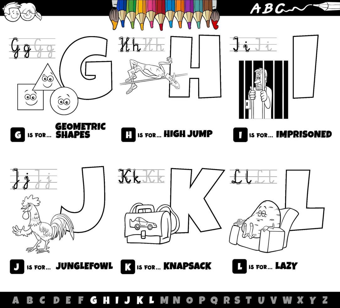 educational cartoon alphabet letters set from G to L coloring page vector