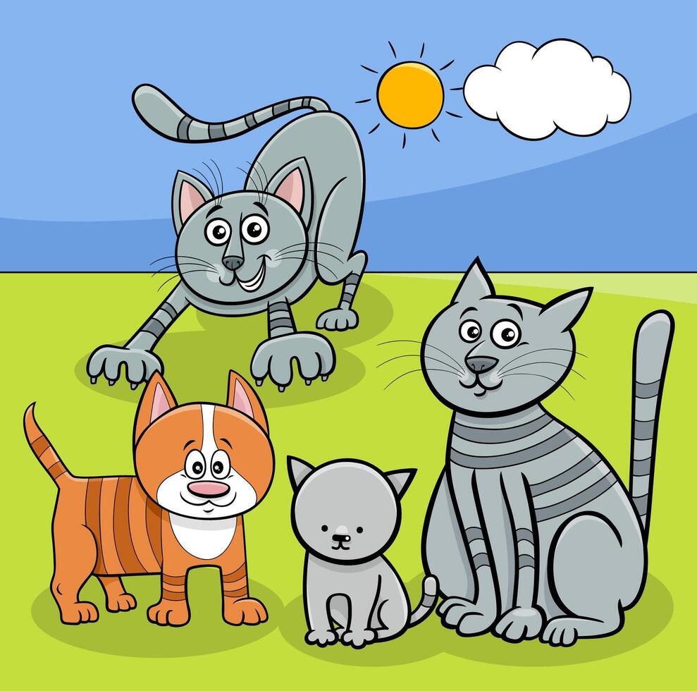 cats animal characters in the meadow cartoon illustration vector