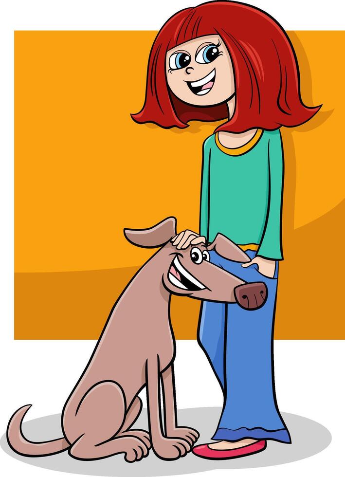 happy cartoon teen girl with funny dog character vector