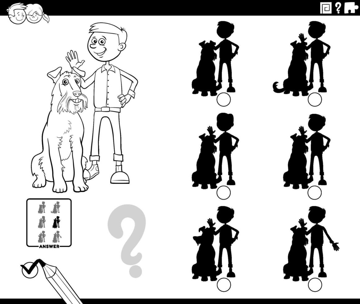 shadow activity with cartoon boy and his dog coloring page vector