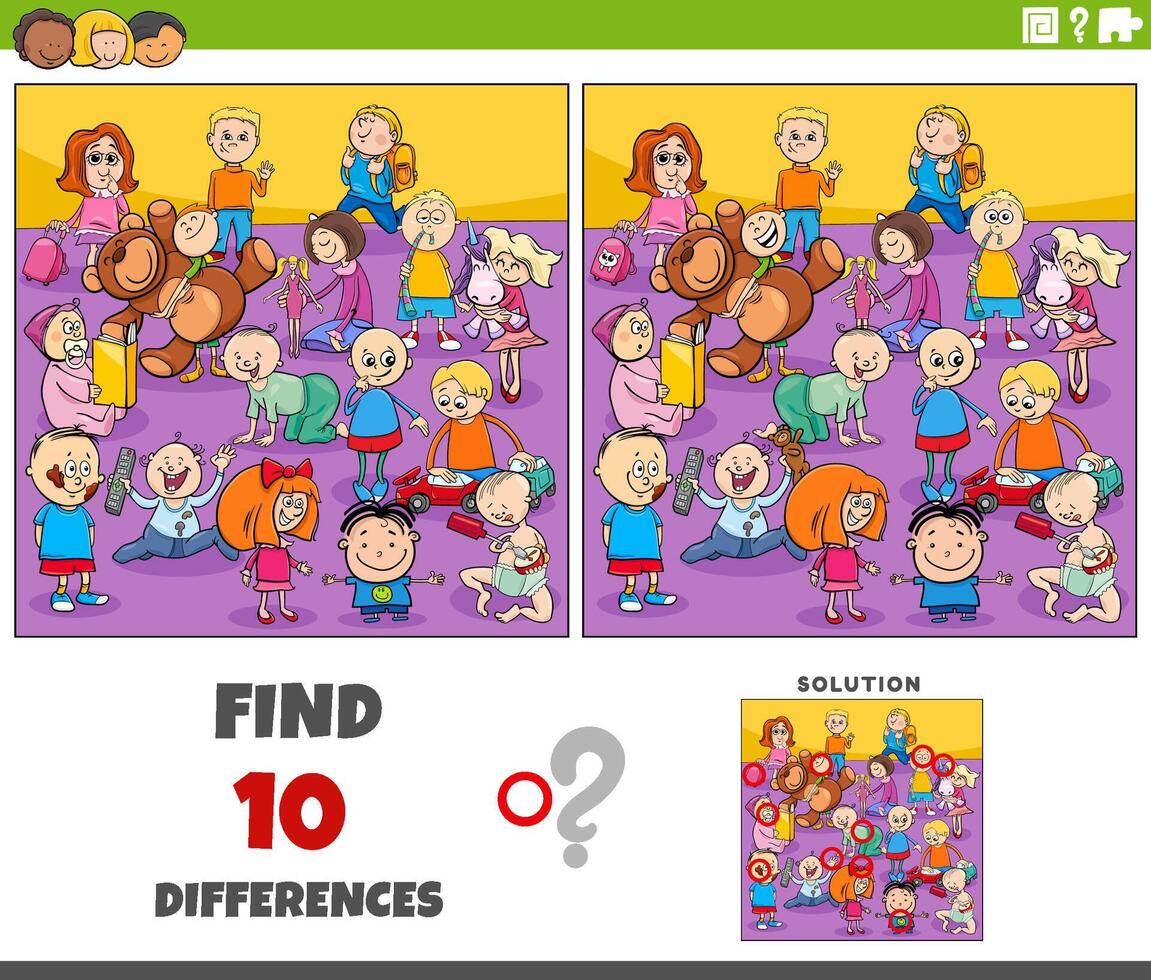 differences game with happy cartoon children group vector