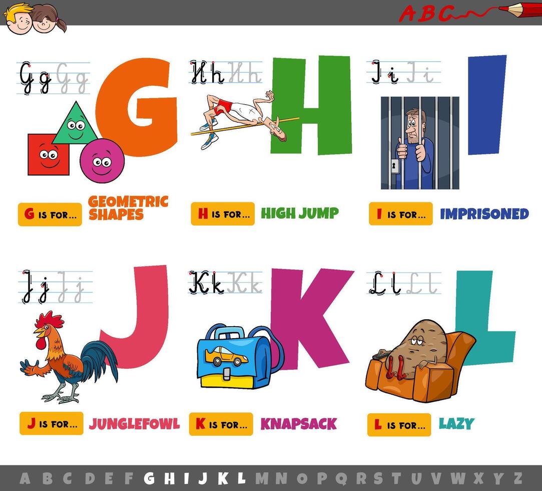educational cartoon alphabet letters for children from G to L vector