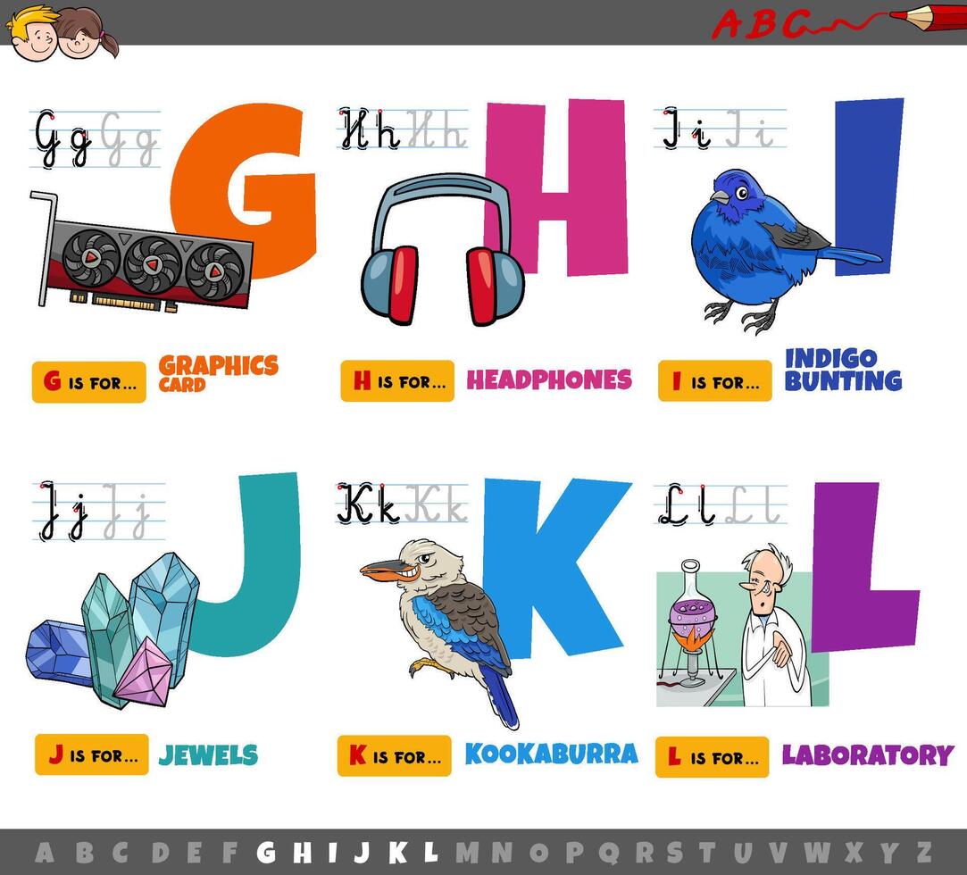 educational cartoon alphabet letters for children from G to L vector