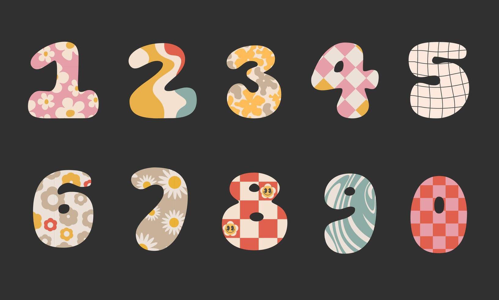 Set of isolated colorful funny groovy numbers.Number 0-9.Handmade retro stylized numbers with flowers,daisy,chess,waves.For print,birthday party invitations,cartoon designs. illustration EPS 10 vector