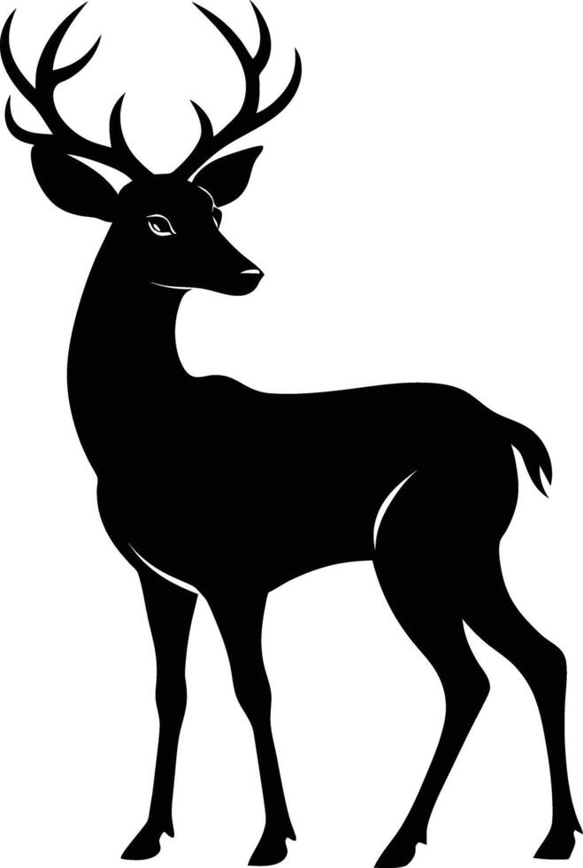 A black silhouette of a whitetail deer standing on a white background vector