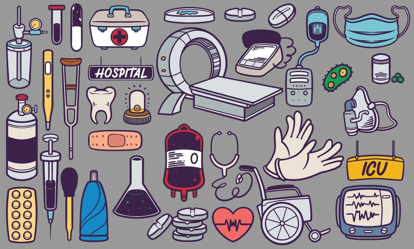 Hand drawn Medical hospital tools doodle set vector