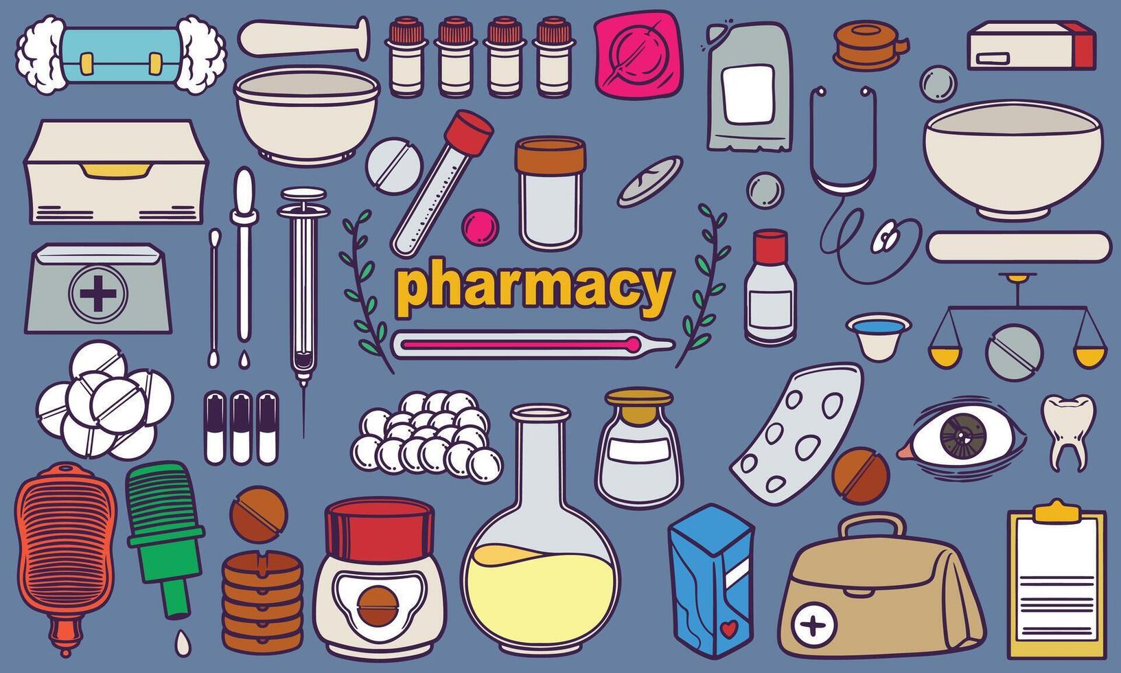 Hand drawn Medical pharmacy medicine doodle set . Health doctor equipment illustration. vector