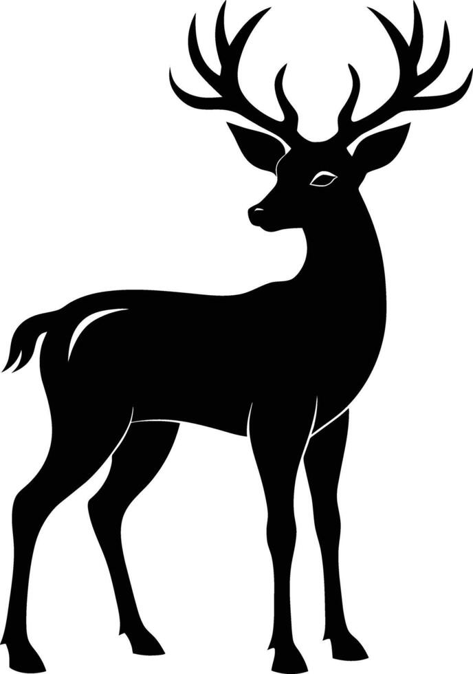 A black silhouette of a whitetail deer standing on a white background vector