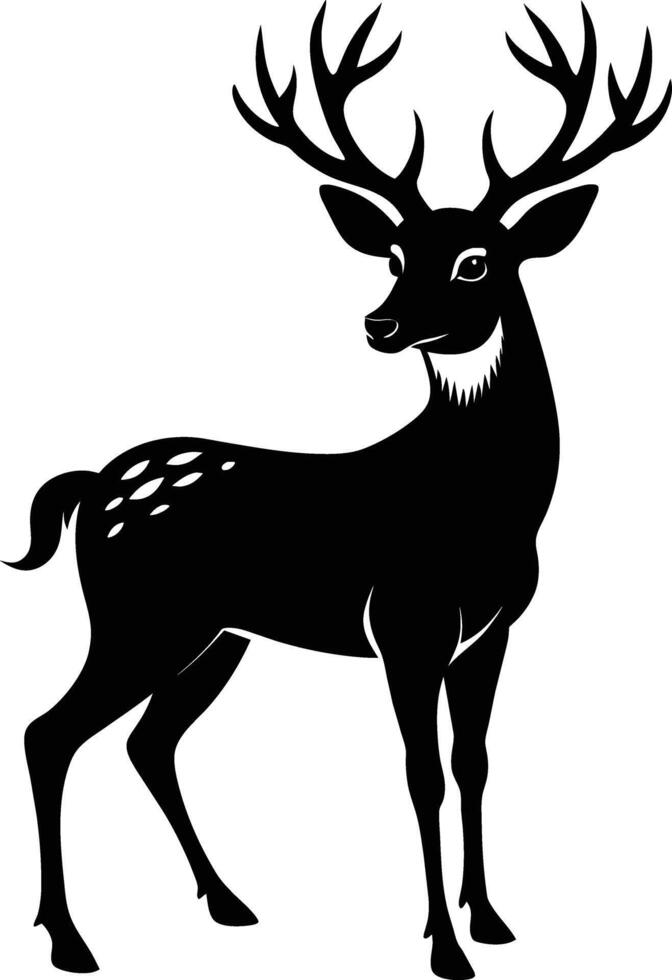 A black silhouette of a whitetail deer standing on a white background vector