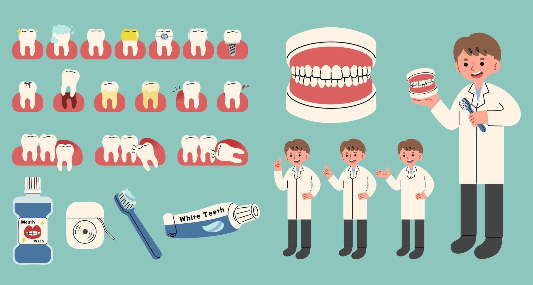 Dental collection 1 cute on a blue green background, illustration. vector