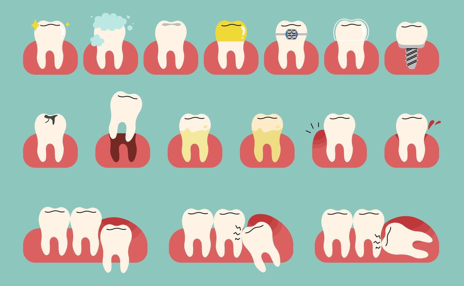 Teeth collection 1 cute on a blue green background, illustration. vector