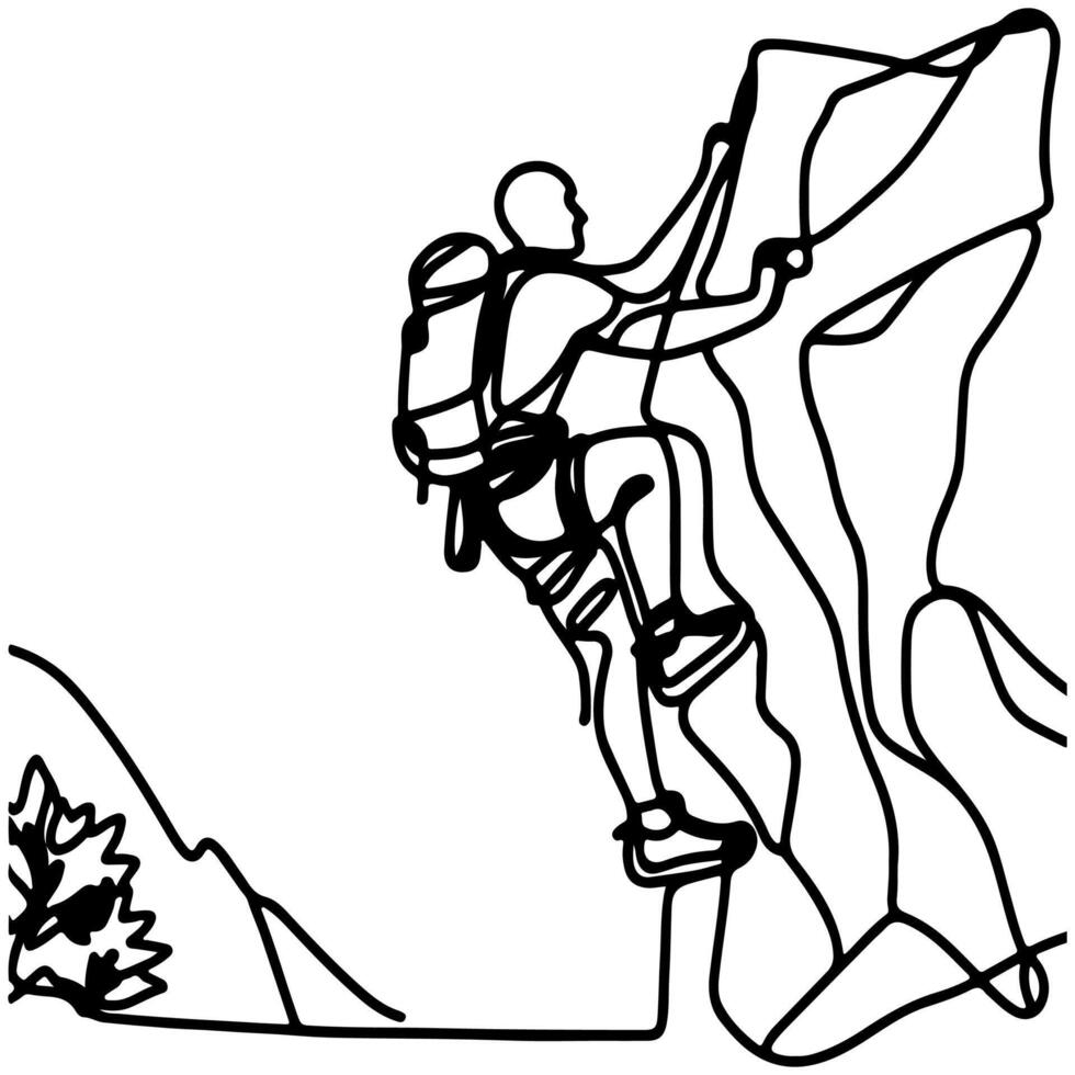 One continuous black line drawing of man rock Climbing a steep rocky cliff Doodle linear drawing cartoon on white background. vector