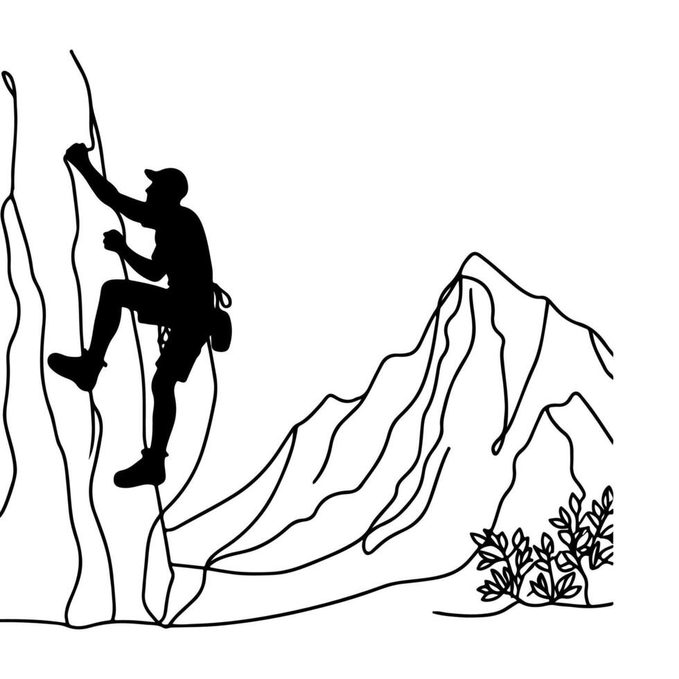 One continuous black line drawing of man rock Climbing a steep rocky cliff Doodle linear drawing cartoon on white background. vector