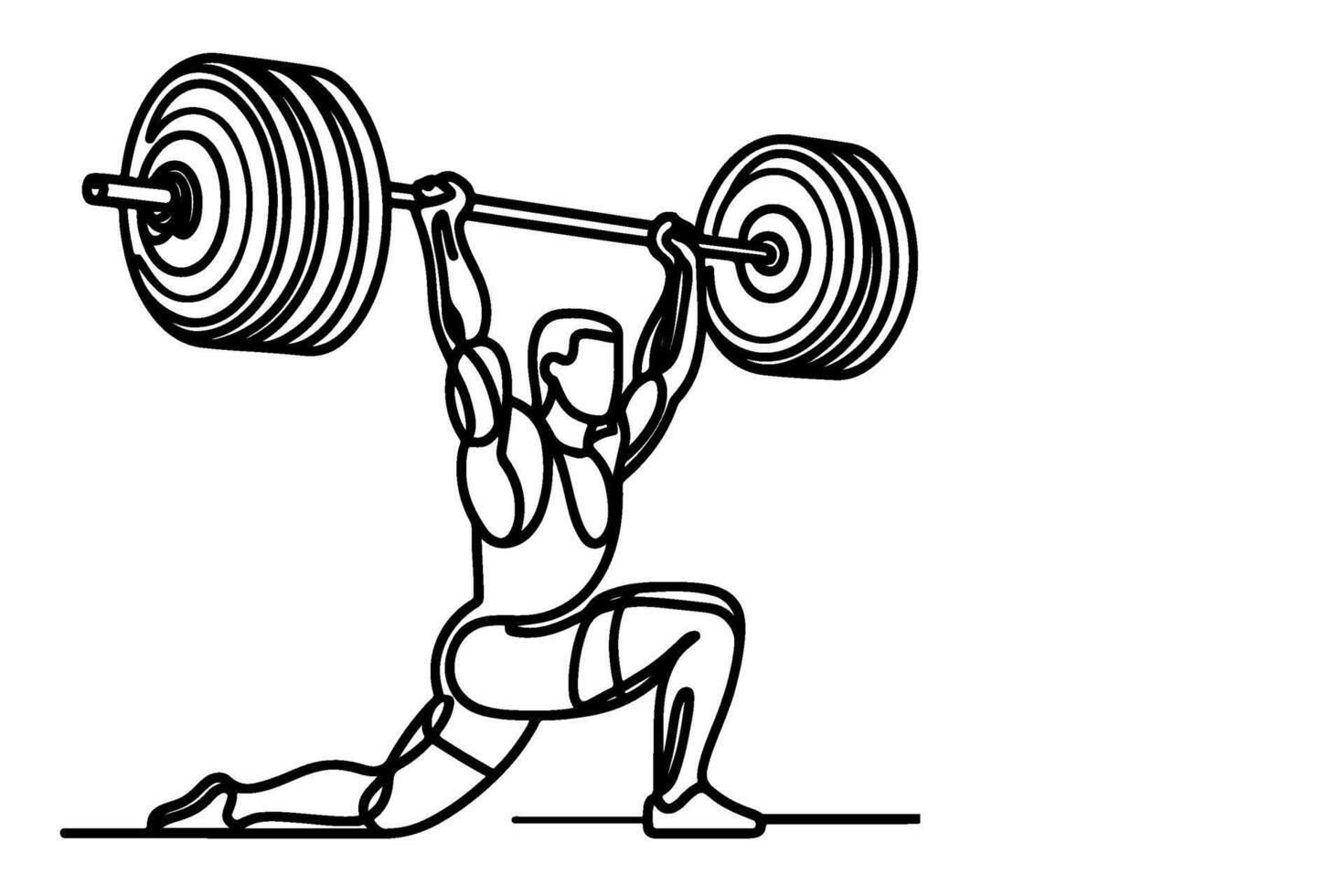 One continuous black line drawing of man lifting barbel with a heavy weight bar weightlifting at gym doodle linear drawing cartoon on white background vector