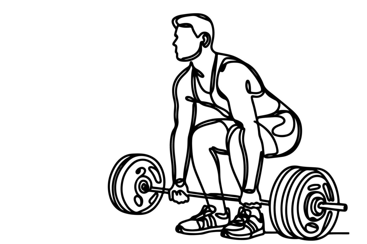 One continuous black line drawing of man lifting barbel with a heavy weight bar weightlifting at gym doodle linear drawing cartoon on white background vector