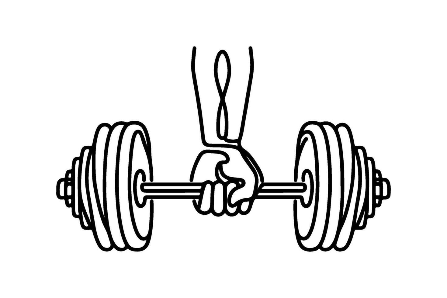 One continuous black line drawing of man lifting barbel with a heavy weight bar weightlifting at gym doodle linear drawing cartoon on white background vector