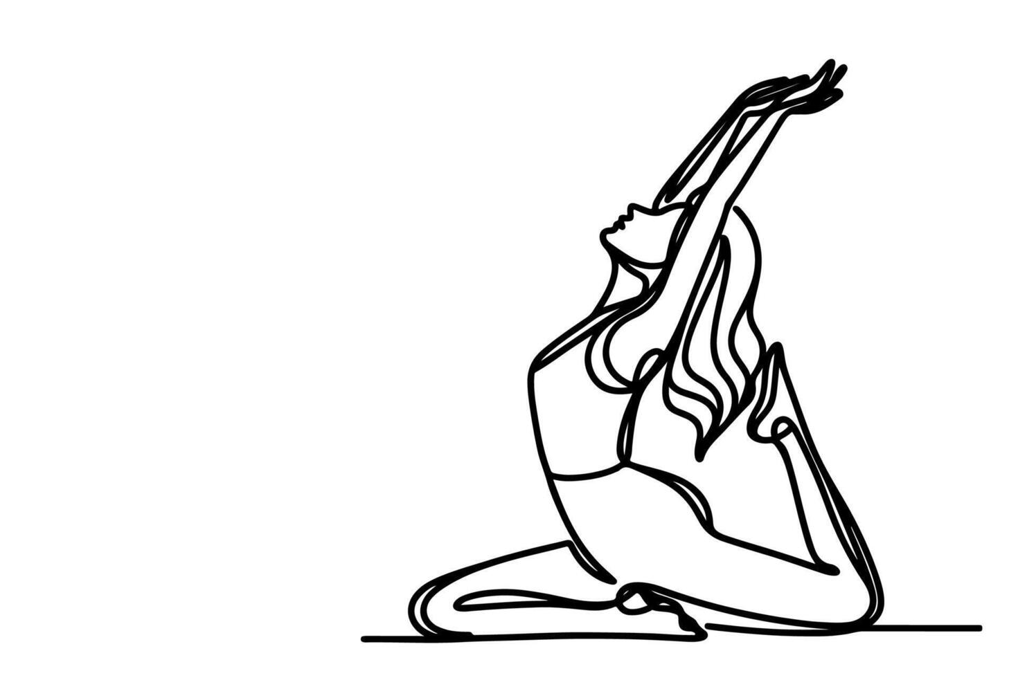 yoga international yoga day. Woman does exercises with hand to relaxation line art drawing style black linear sketch, hand drawing doodle girl engaged in yoga vector