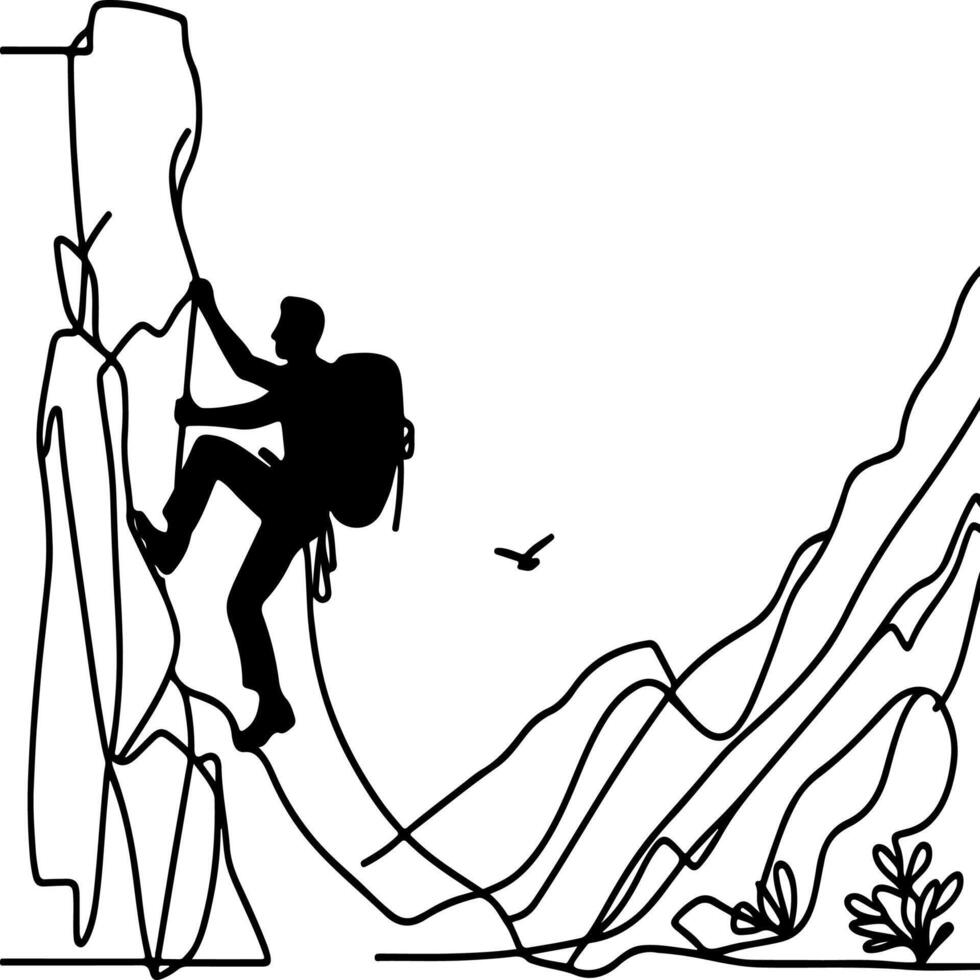 One continuous black line drawing of man rock Climbing a steep rocky cliff Doodle linear drawing cartoon on white background. vector