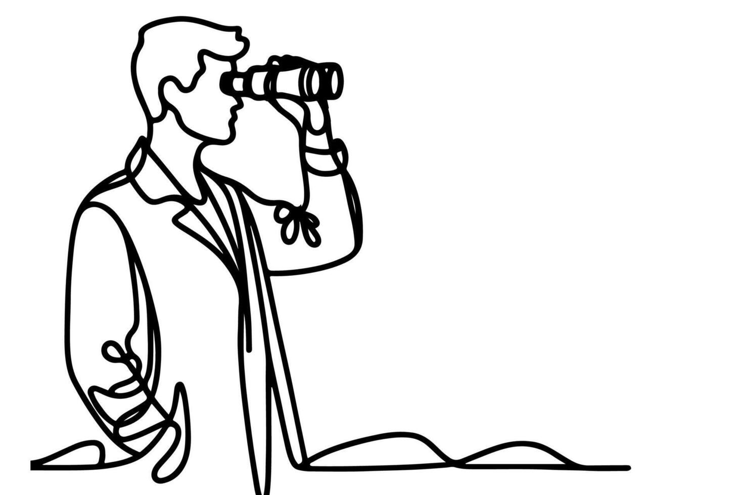 One continuous black line hand drawing of traveler man standing, holding binocular and looking into distance with binoculars linear sketch doodle on white background vector