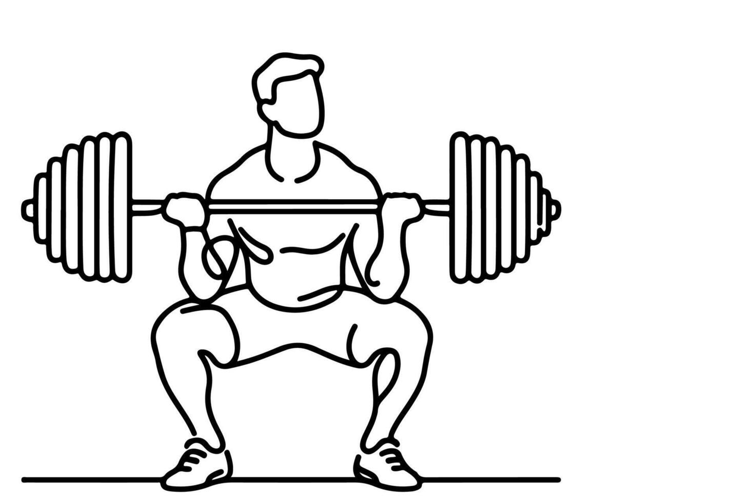 One continuous black line drawing of man lifting barbel with a heavy weight bar weightlifting at gym doodle linear drawing cartoon on white background vector