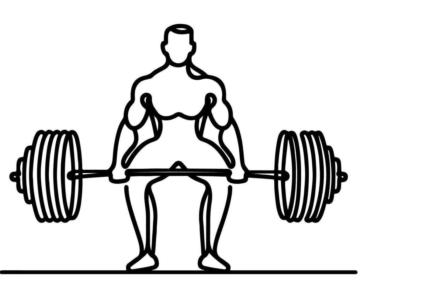 One continuous black line drawing of man lifting barbel with a heavy weight bar weightlifting at gym doodle linear drawing cartoon on white background vector