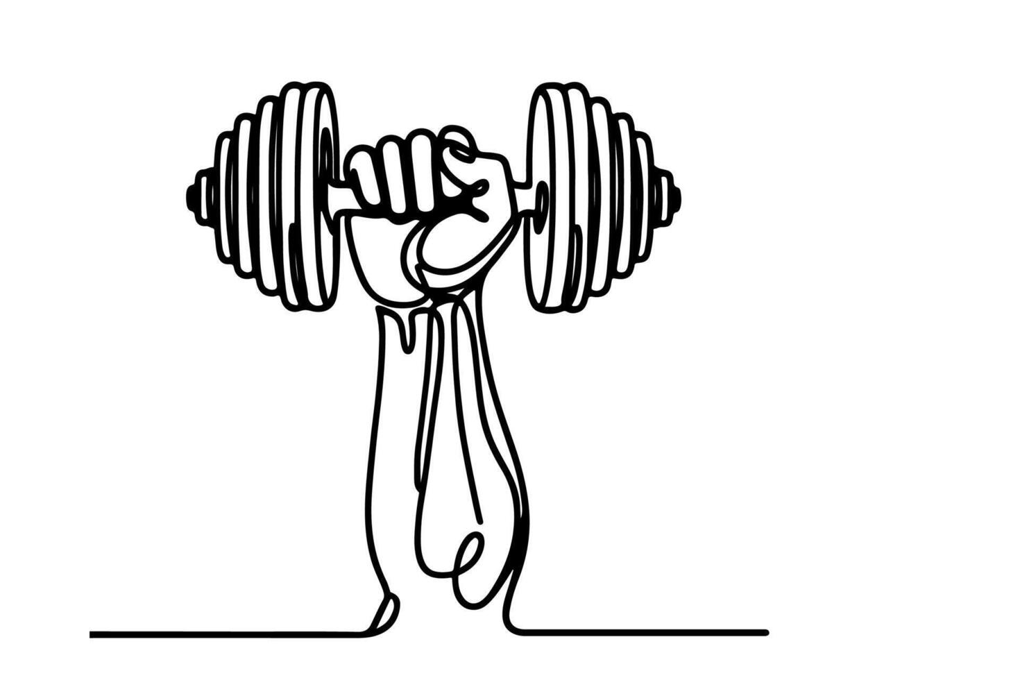One continuous black line drawing of closeup strong hand man lifting up steel dumbbell with a heavy weight barbell weightlifting at gym doodle linear drawing cartoon on white background vector
