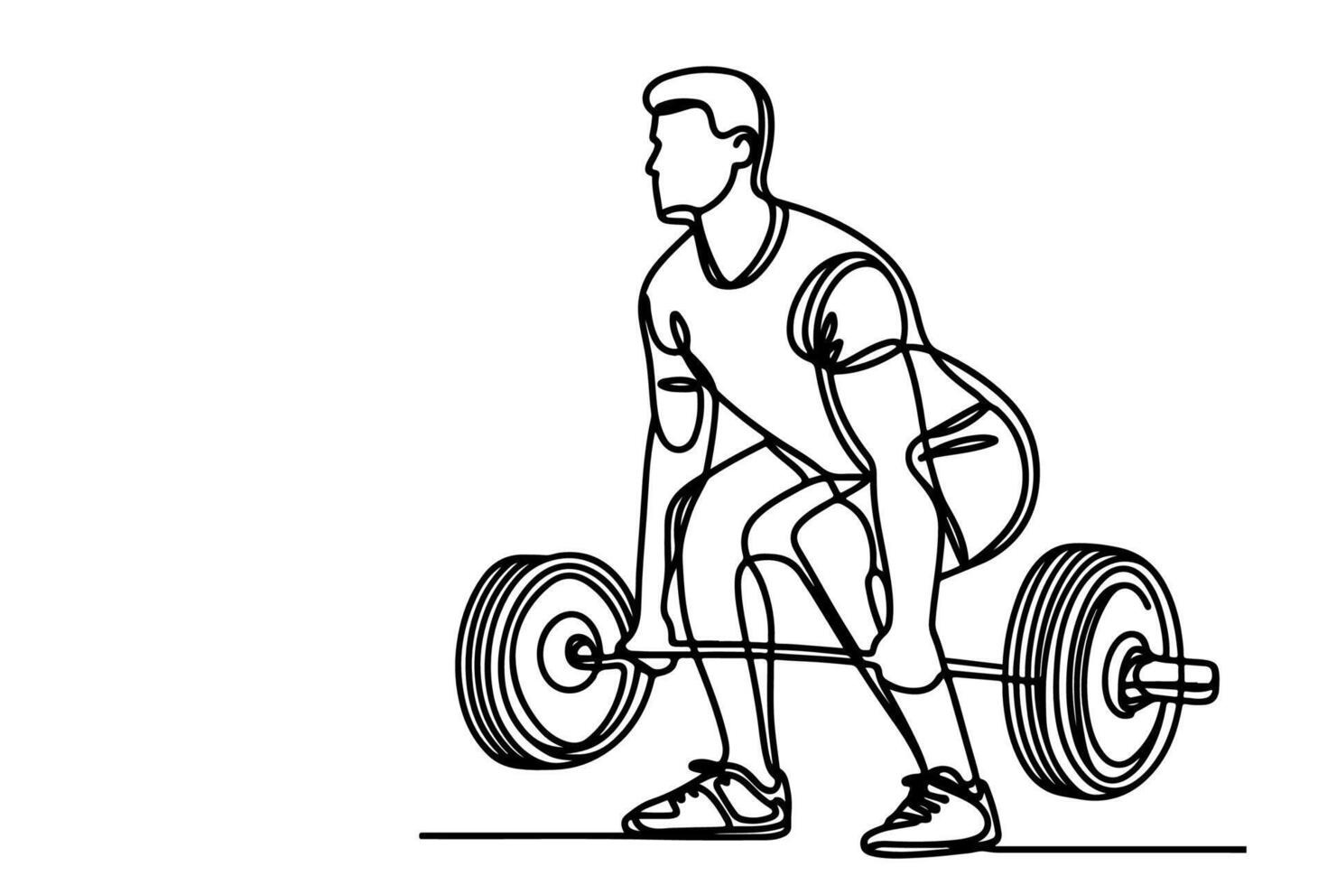 One continuous black line drawing of man lifting barbel with a heavy weight bar weightlifting at gym doodle linear drawing cartoon on white background vector