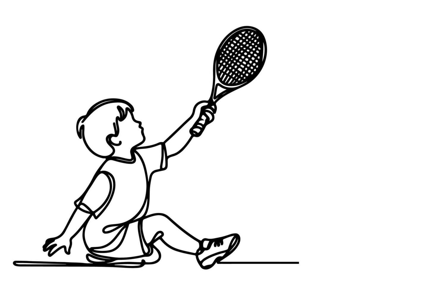 One continuous black line hand drawing of child playing tennis Doodle linear drawing man cartoon player on white. vector